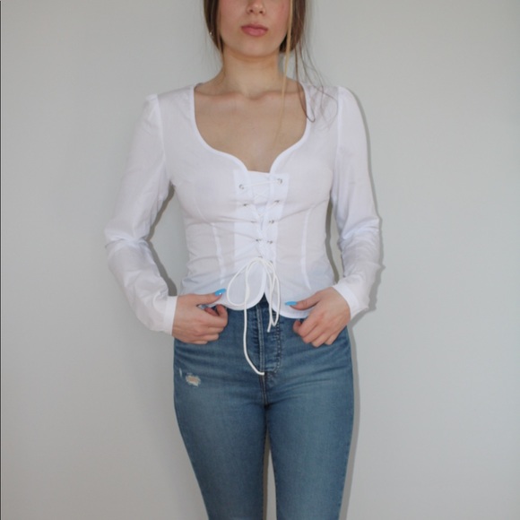 White Woven Lace Up Front Long Sleeve Blouse - Picture 4 of 4